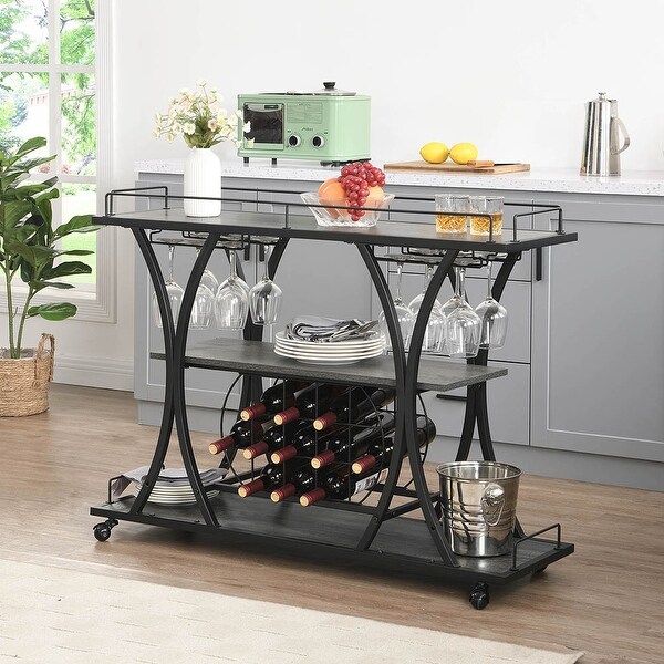 3-Tier Industrial Style Bar Cart with Wheels and Bottle Rack