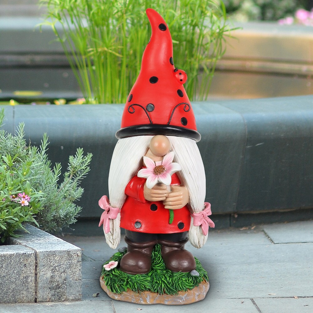 Exhart Solar Ladybug Hat Lady Gnome Statue with Pink Flower  5 by 12.5 Inches