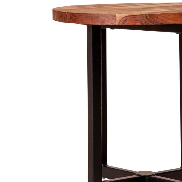 18 Inch Round End Side Table， Solid Acacia Wood Tabletop with X Shape Base for Den， Bedroom， or Living Room， Steel Frame