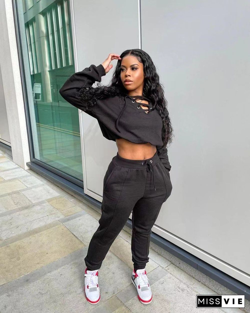 Long Sleeve Bandage Crop Top Sweatpants Set