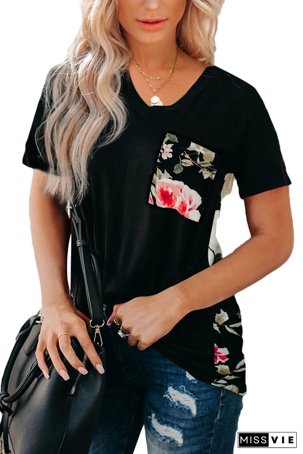 Black Women's Casual Floral Printed Splicing Pullover Pocket T-shirt