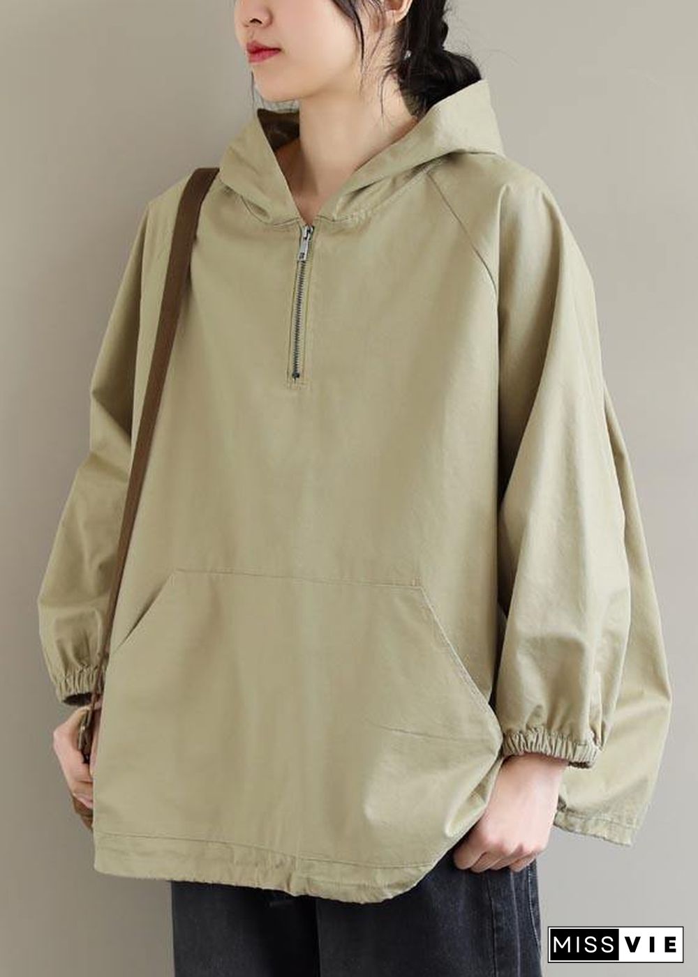 Chic Hooded Zip Up Spring Clothes For Women Work Outfits Khaki Blouses