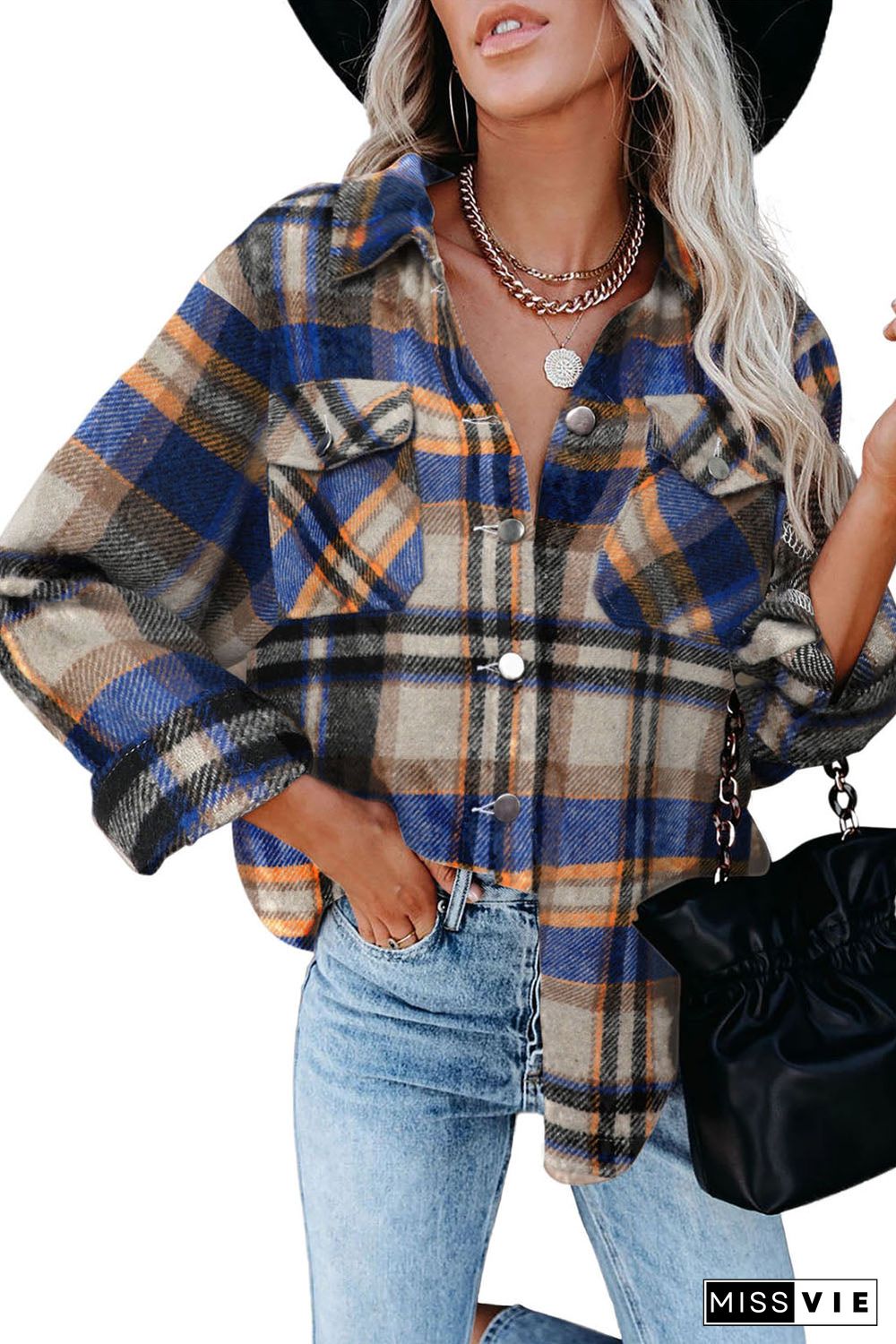 Geometric Plaid Print Pocketed Shirt