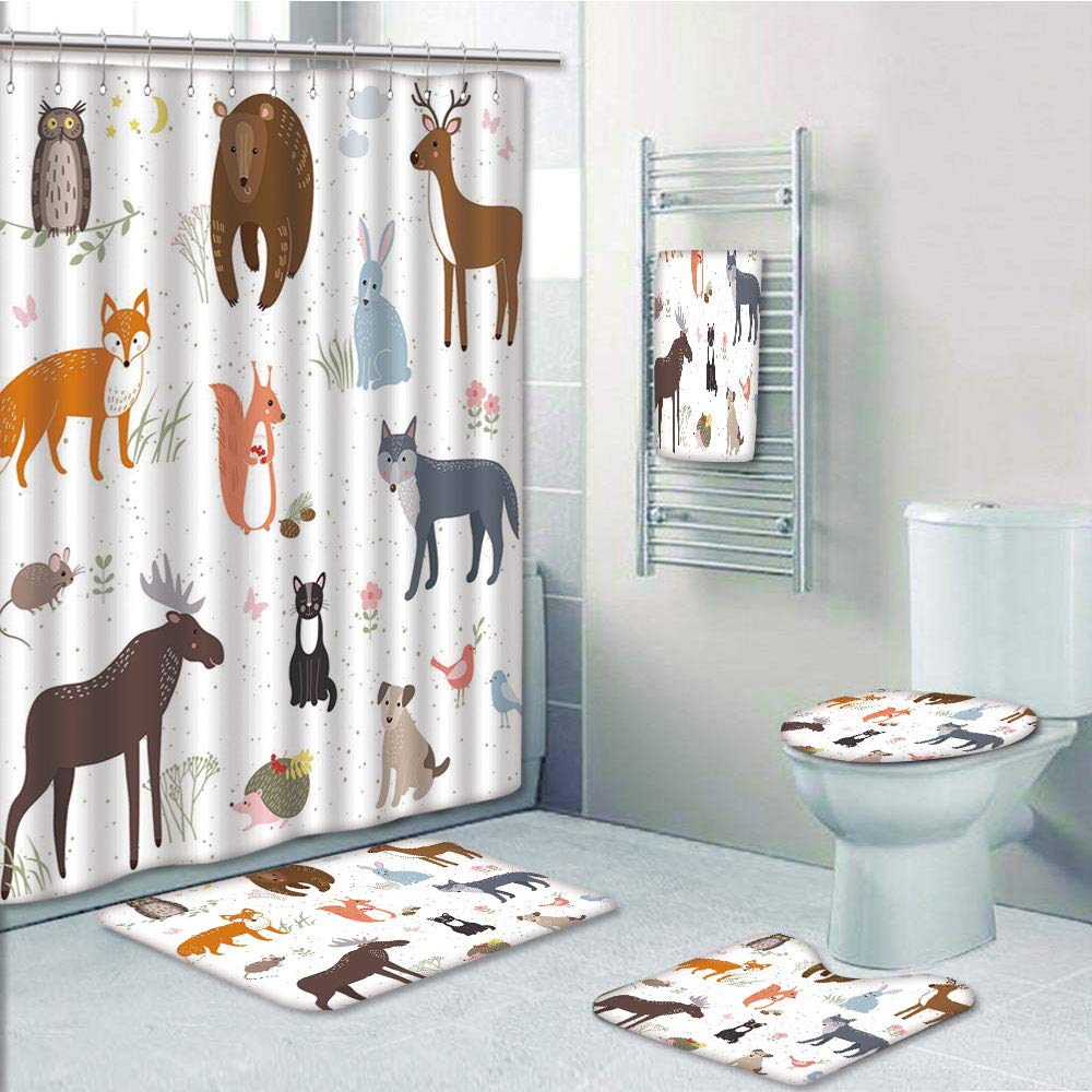 PRTAU Cute Animals in Spring Meadow Childish Woodland Fauna Kids Baby Room Nursery 5 Piece Bathroom Set Shower Curtain Bath Towel Bath Rug Contour Mat and Toilet Lid Cover