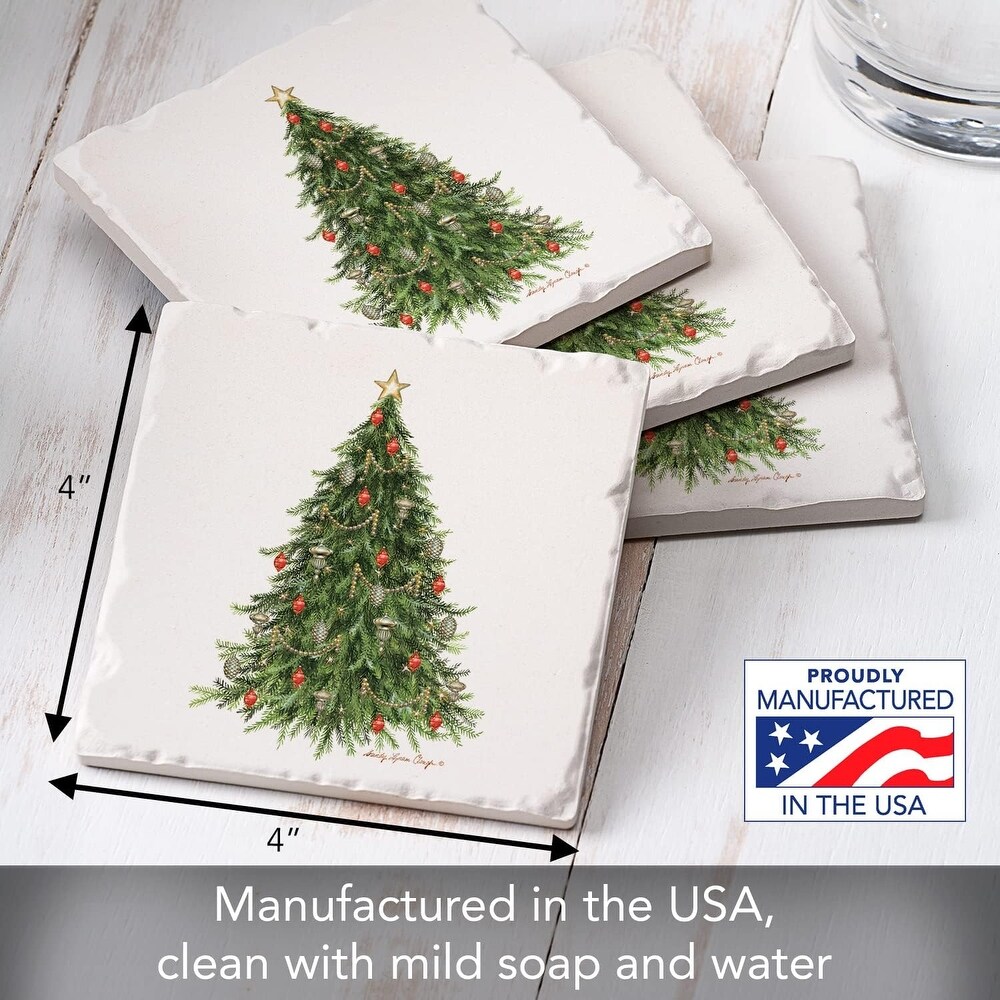 O' Christmas Tree Absorbent Stone Tumbled Tile Coaster 4 Pack with Protective Cork Backing Manufactured in The USA