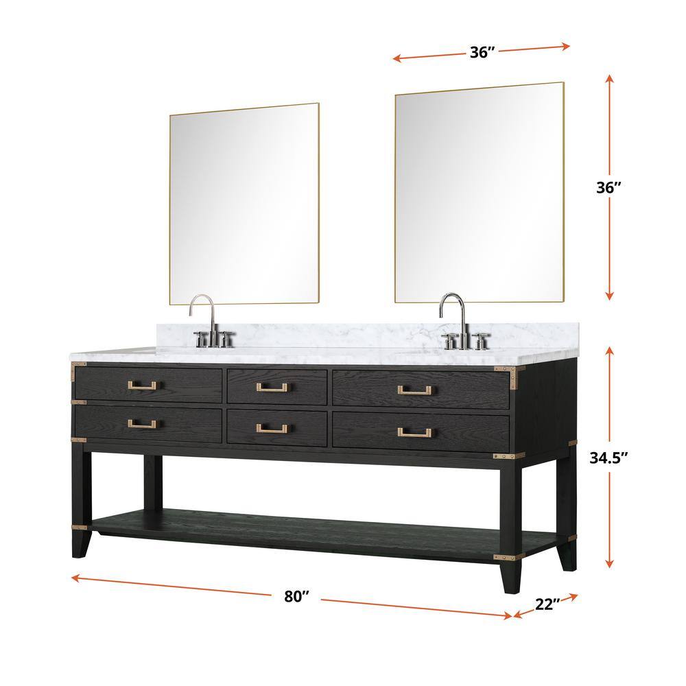 Lexora Irvington 80 in W x 22 in D Black Oak Double Bath Vanity Carrara Marble Top Faucet Set and 36 in Mirrors LVI80DJ111