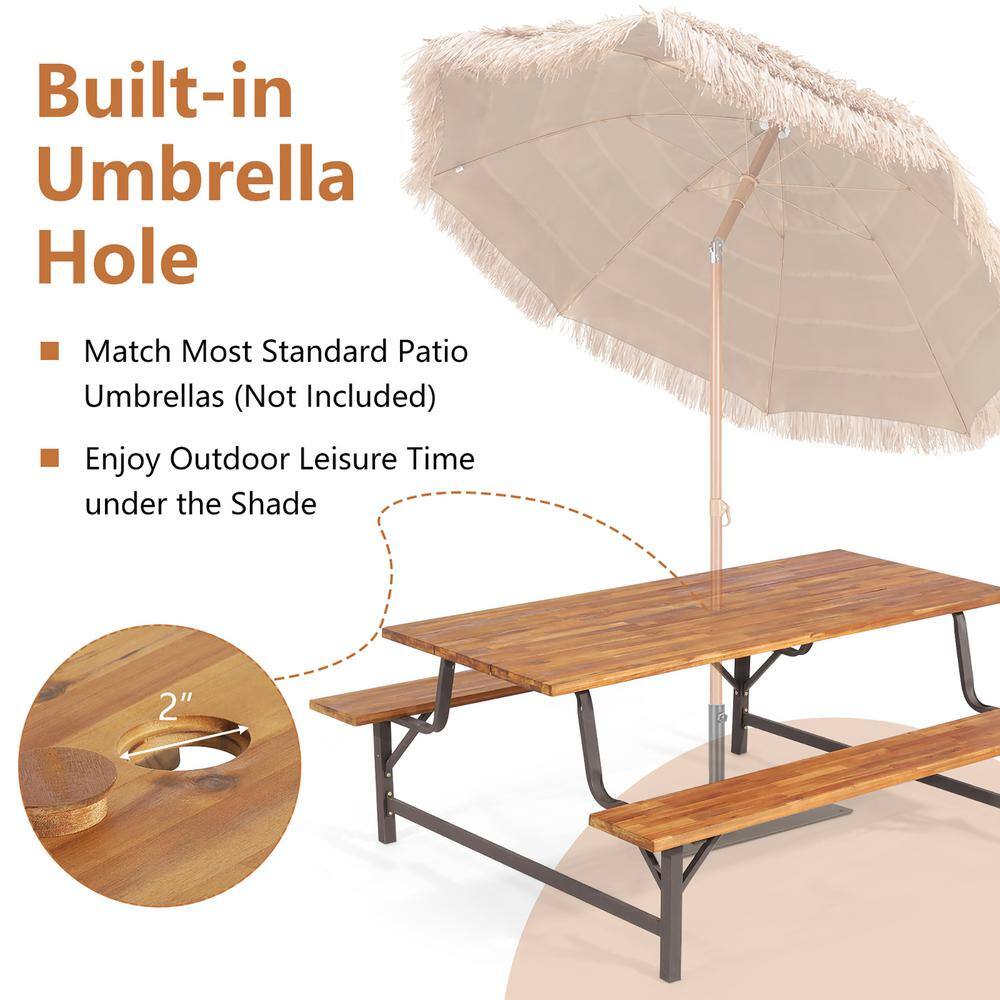 Costway Acacia Wood Outdoor Picnic Table Bench Set with 71 in. Tabletop 2 in. Umbrella Hole KC55465+