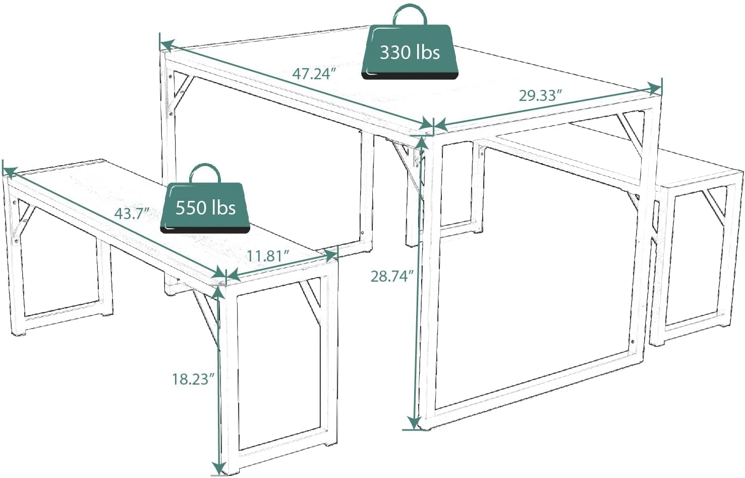 Allewie Modern 3-Piece Soho Dining/Kitchen Table Set with Benches, Sturdy Metal Frame and MDF Board