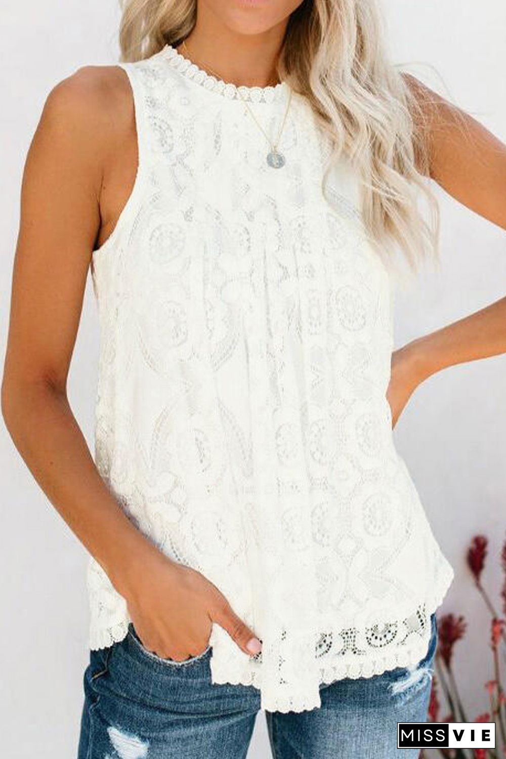 White Lace Hollow Out Sleeveless T-Shirt