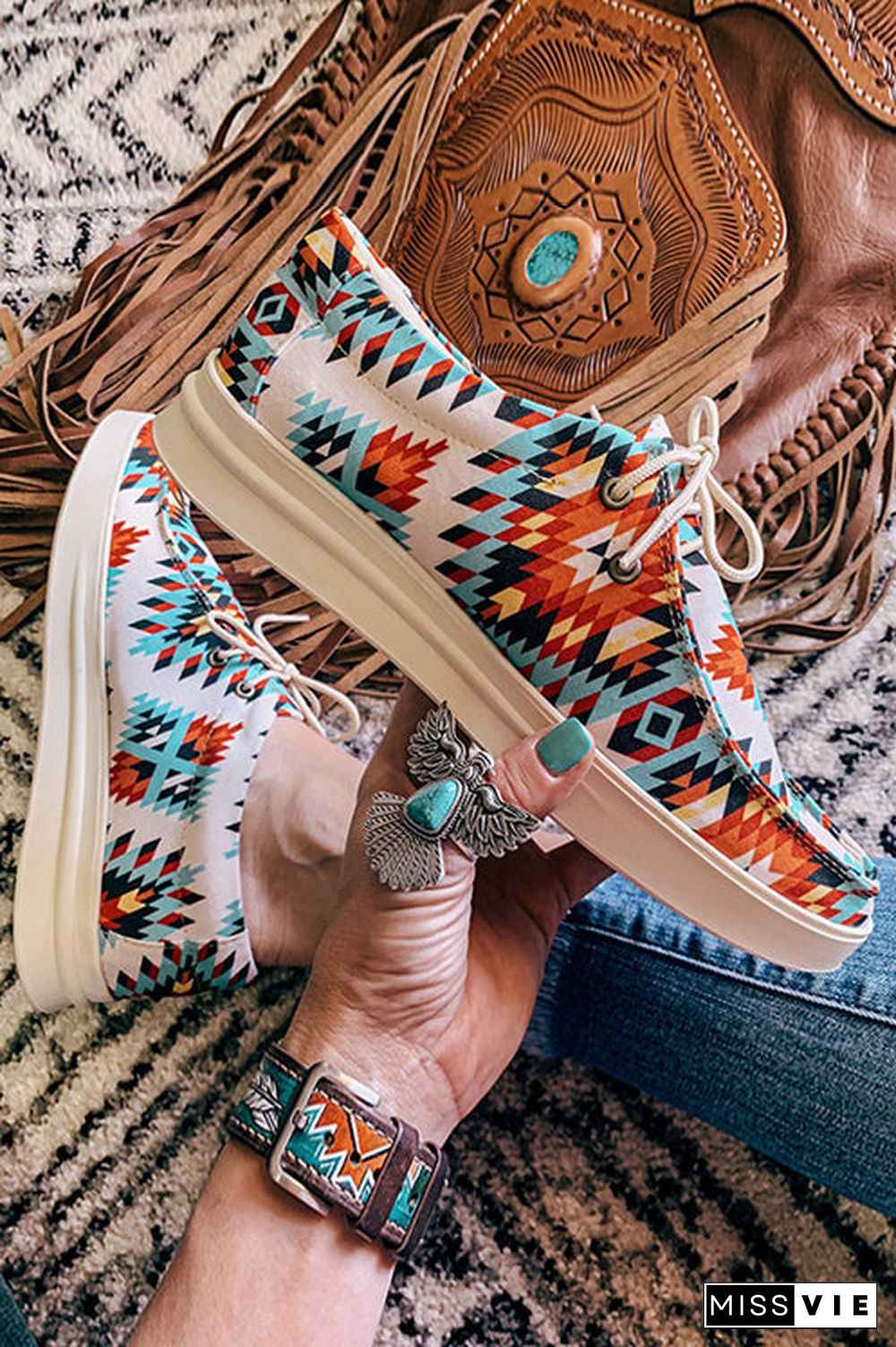 Aztec Lace-Up Canvas Flat Sneakers