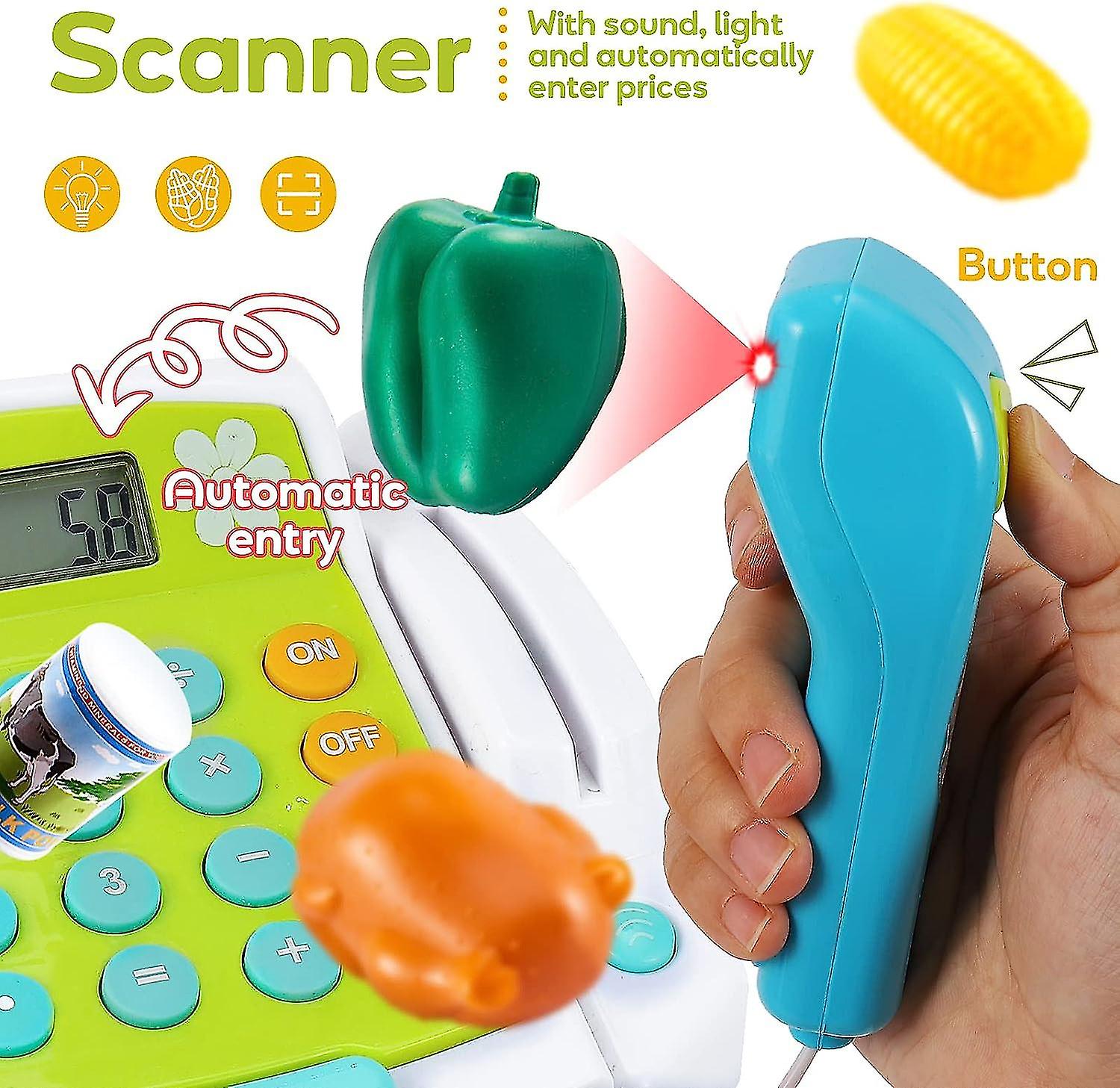 Kids Toy Till Cash Register With Microphone， Scanner， Calculator， Play Money， Pretend Role Play Food Toys， For Boys Girls 3+