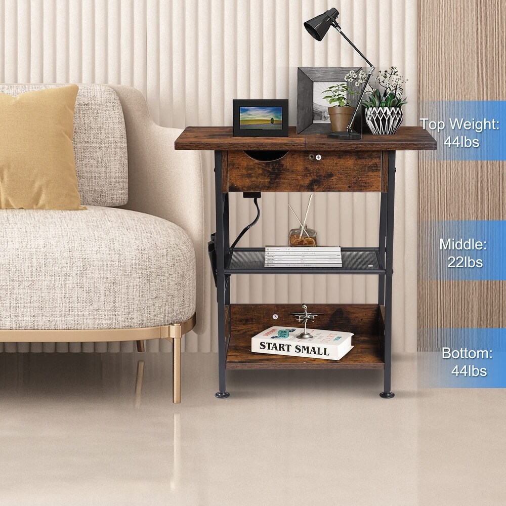 3 Tier End Table with Charging Station  Flip Top Side Table with USB Ports and Outlets for Small Spaces  Nightstand