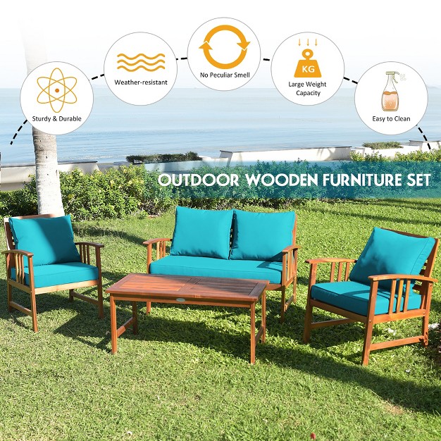 Costway 4pcs Wooden Patio Furniture Set Table Sofa Chair Cushioned Garden Turquoise