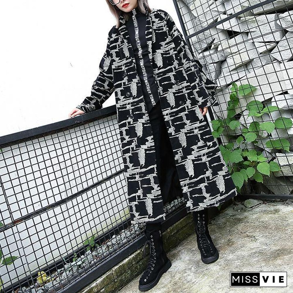 2019 black print Coat plus size lapel patchwork Coat Fine asymmetrical design coat