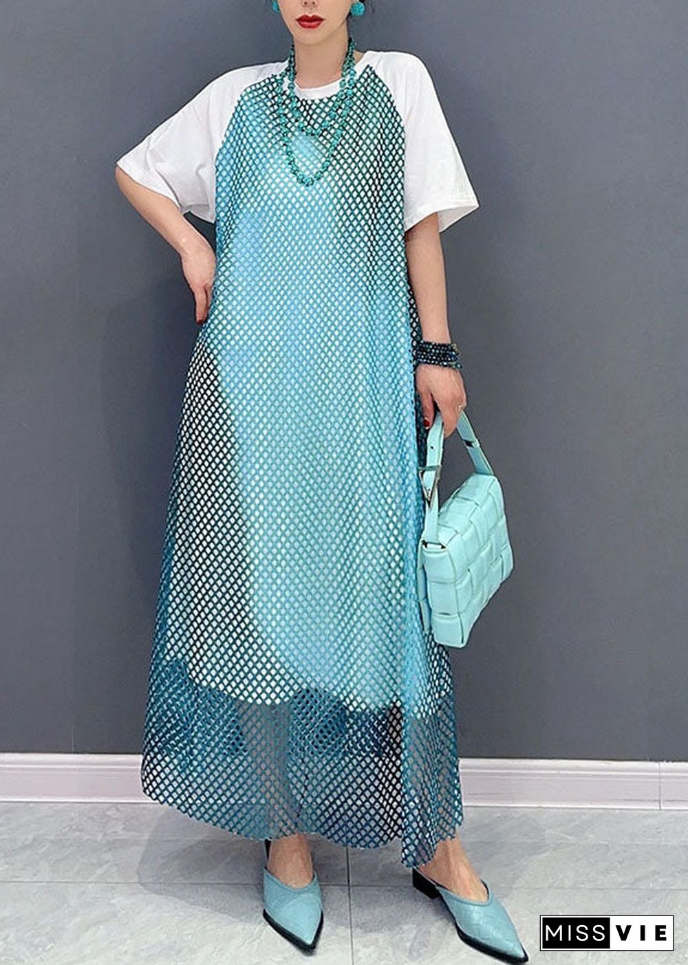 Modern Blue O Neck Patchwork Sheer Mesh Cotton Dress Short Sleeve