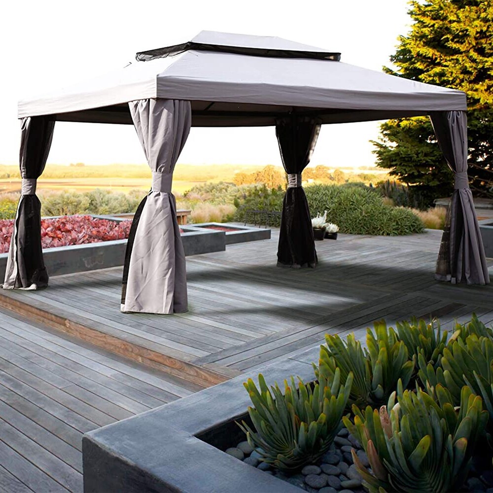 10 ft. x 13 ft. Gray and Black 2 Tone Steel Gazebo with Mosquito Netting and Shade Curtains