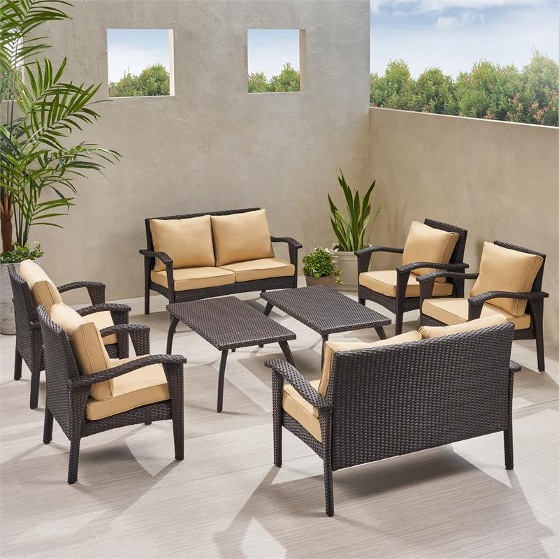 Noble House Waikiki Outdoor 8pc Brown Seating Set  ampCushions   Tropical   Outdoor Lounge Sets   by Homesquare  Houzz