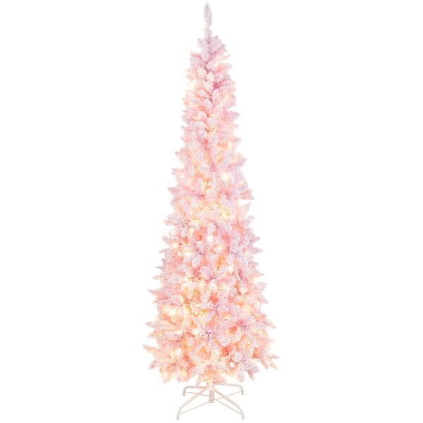 Costway 7FT PreLit Snow Flocked Hinged Pencil Christmas Tree w/ 300