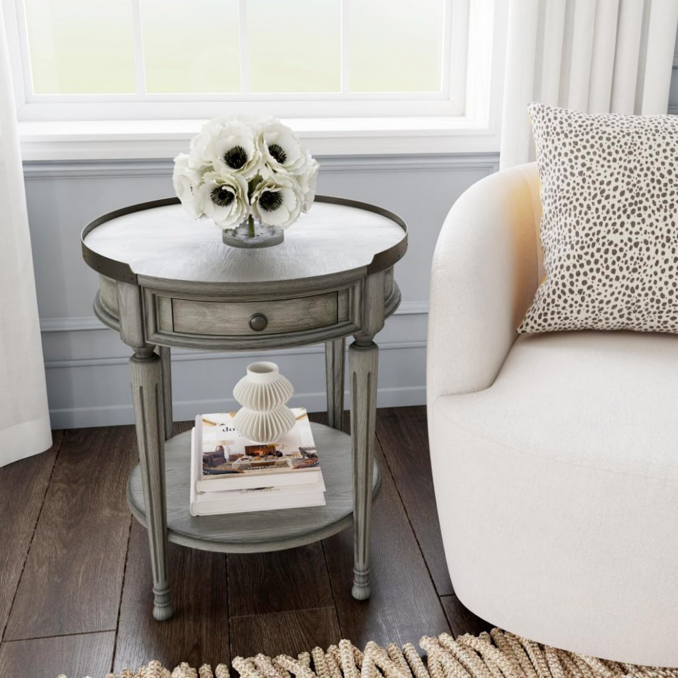 Classic Side Table  Carved Legs With Round Top  ampStorage Drawer  Distressed Gray   Traditional   Side Tables And End Tables   by Decor Love  Houzz