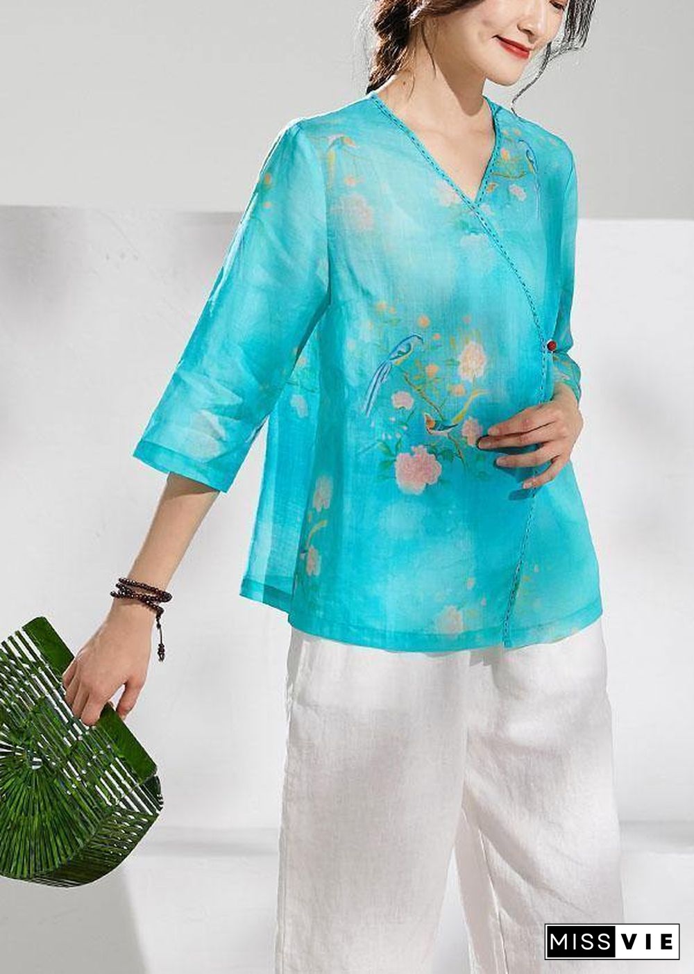 Simple green print linen clothes v neck summer blouses