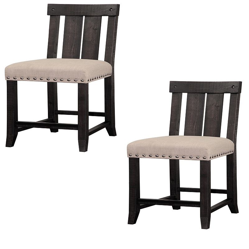 Wooden Counter Height Stool with Fabric Upholstered Seat and Slat Style Back，Set of 2， Black and Beige