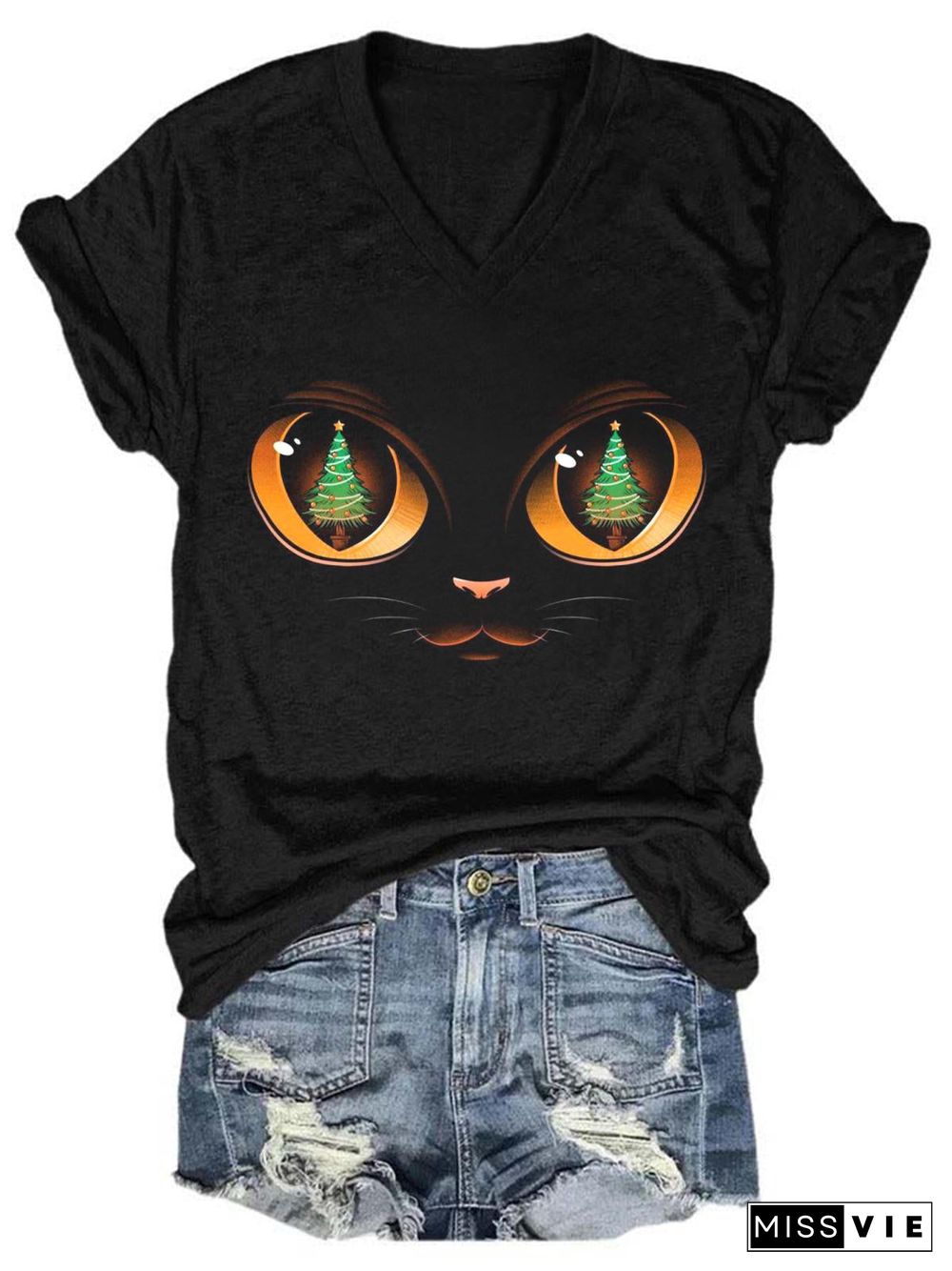 Cat Eyes Christmas Tree V Neck T-shirt