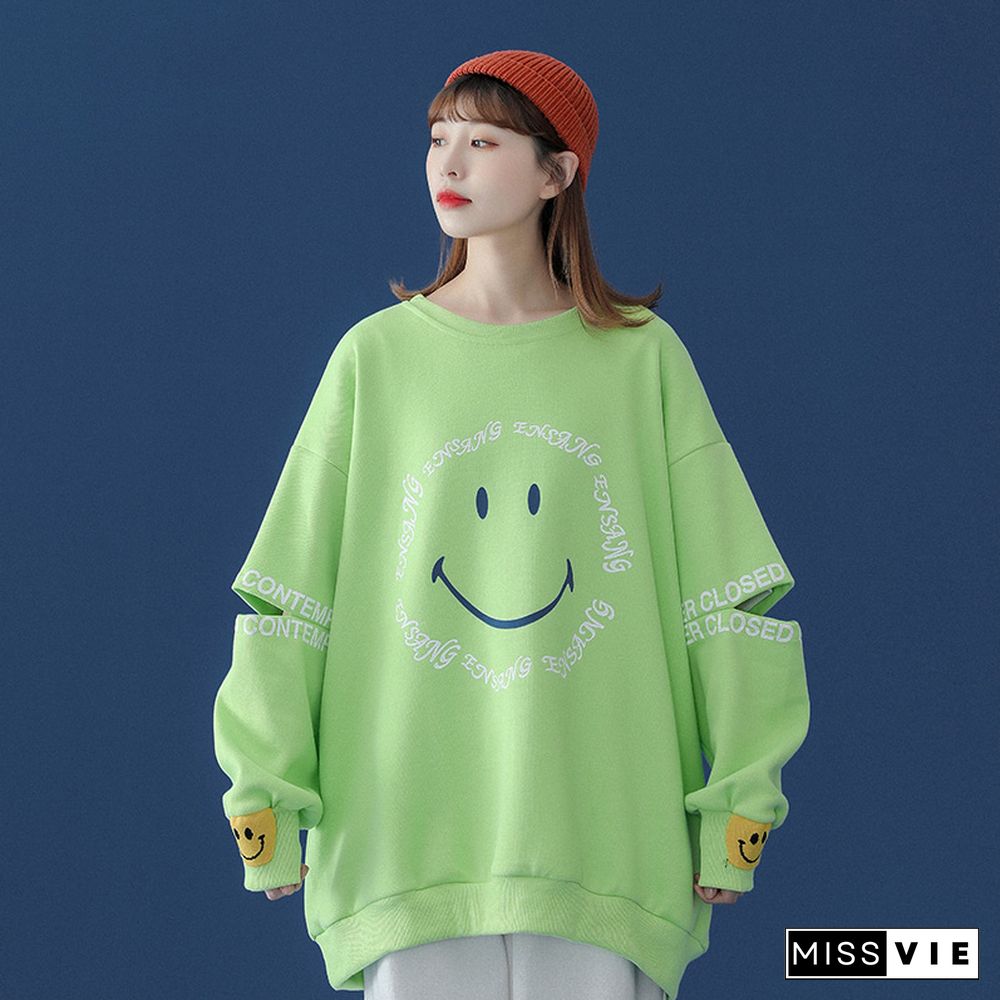 Smiley Letters Print Loose Sweatshirt