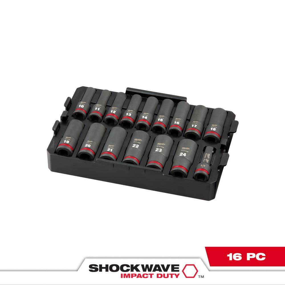 MW SHOCKWAVE Impact-Duty 12 in. Drive Metric Deep Well Impact Socket Set (16-Piece) 49-66-6818