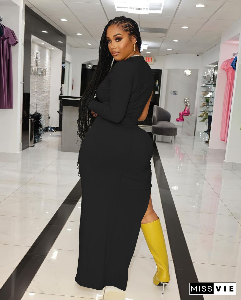 One Shoulder Long Sleeve High Slit Maxi Dresses