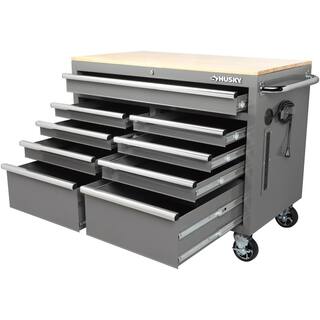 Husky 46 in. W x 24.5 in. D Standard Duty 9-Drawer Mobile Workbench CabinetTool Chest with Solid Wood Top in Gloss Gray H46MWC9GGV2