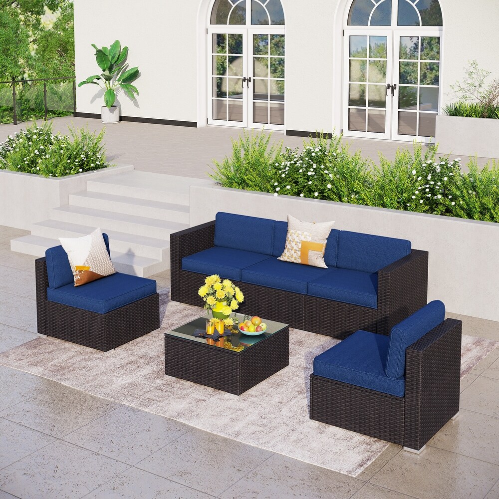 6 Piece Outdoor Sectional Sofa Rattan Patio Furniture Set Conversation Set with Tea Table