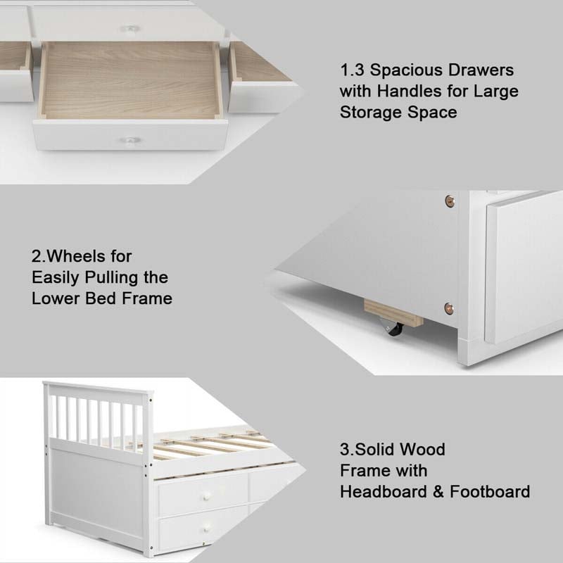 Twin Captain's Bed with Trundle Bed, Storage Daybed with 3 Drawers, Wooden Platform Bed for Kids Guests Sleepovers