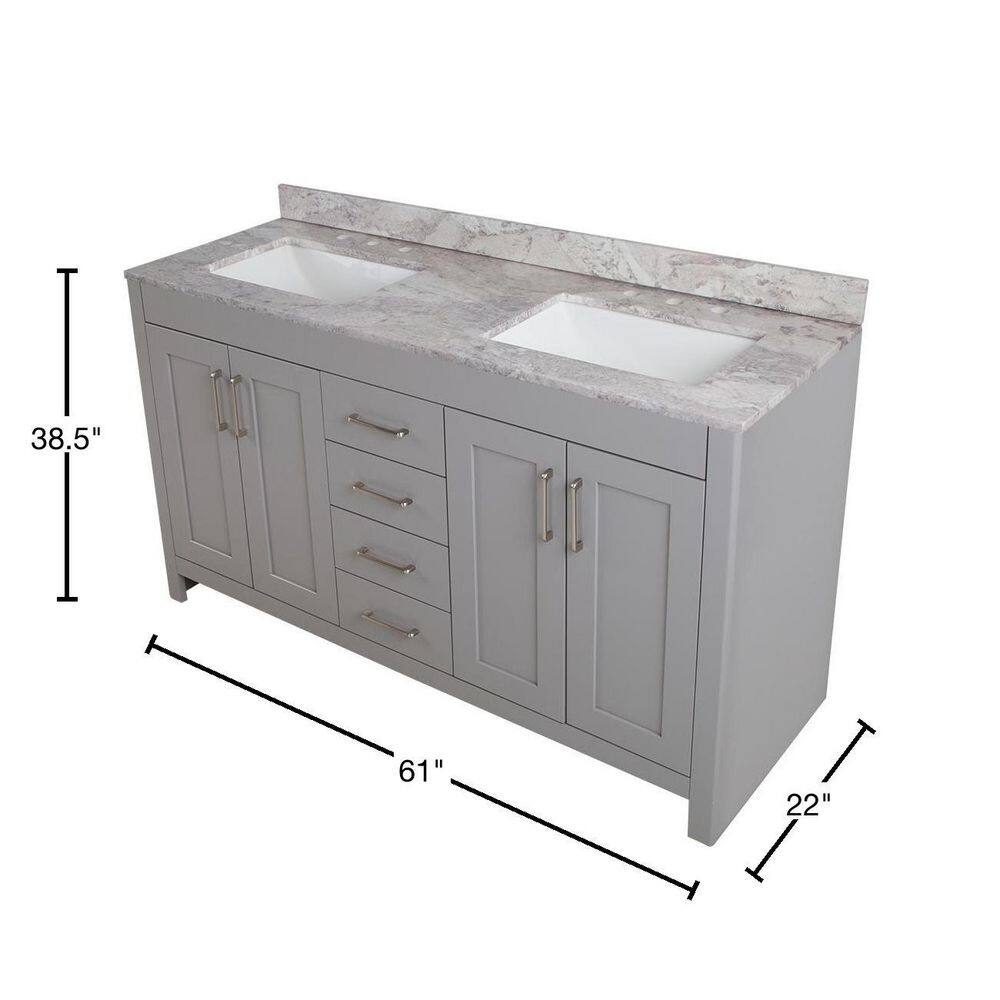 Home Decorators Collection Westcourt 61 in. W x 22 in. D Bath Vanity in Sterling Gray with Stone Effect Vanity Top in Winter Mist with White Sink WT60P2V10-ST