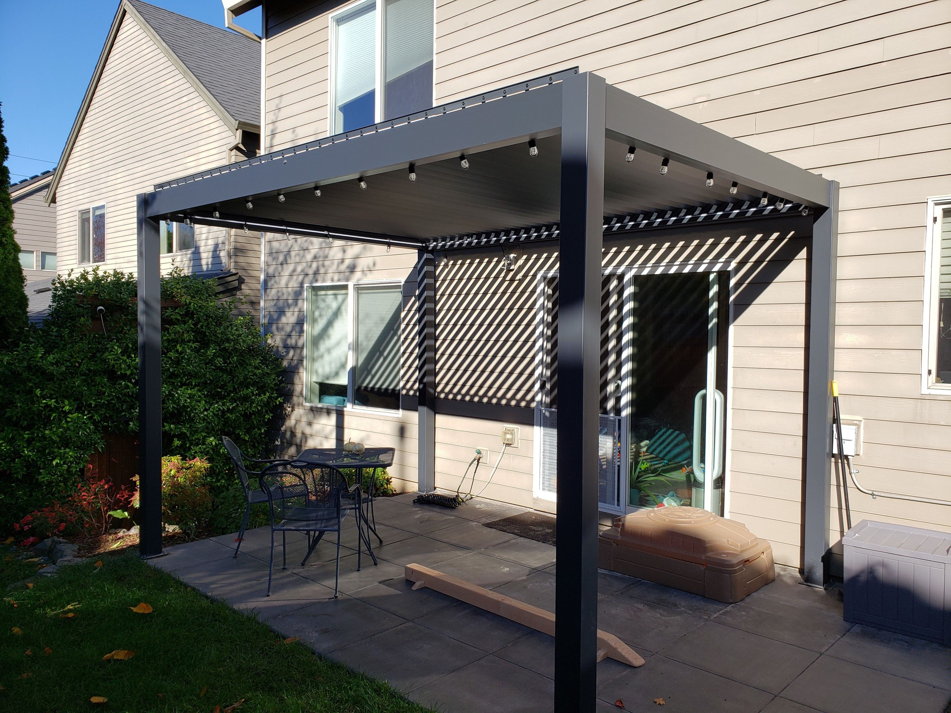 Freestanding Villa Pergola with Motorization and LED Lighting Included, 13' x 13', Dark Gray