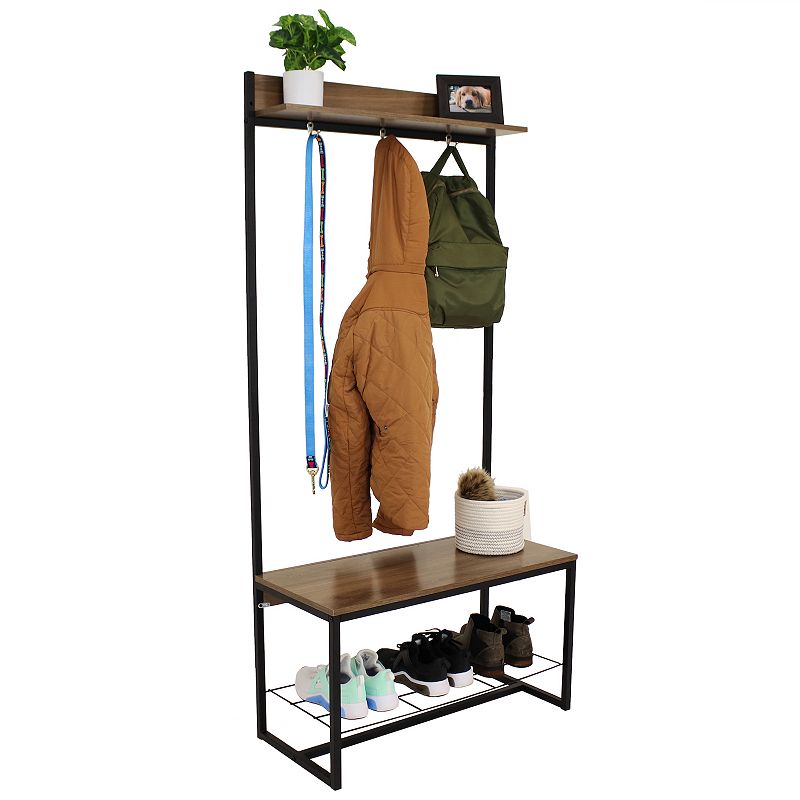 Sunnydaze Industrial MDP Hall Tree with Coat/Shoe Rack - Brown - 67 in