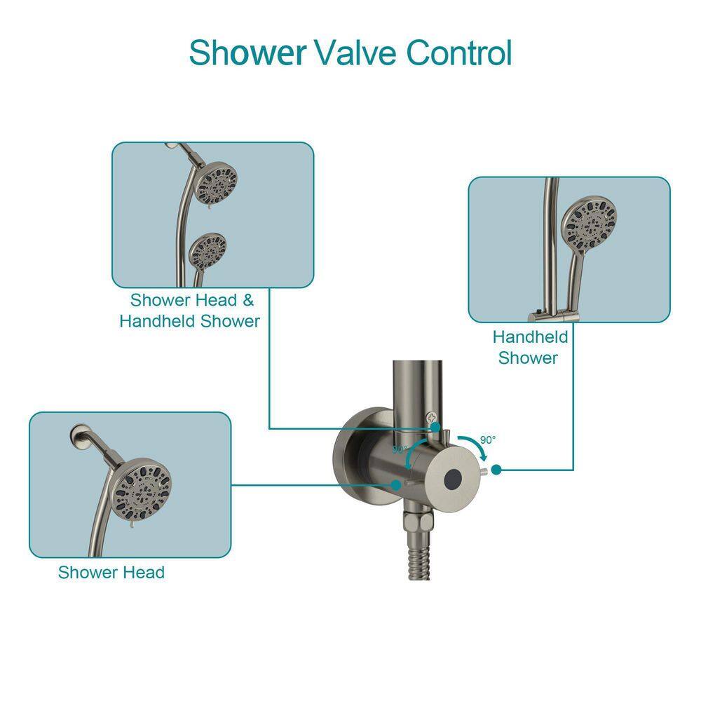 Logmey 7-Spray Patterns with 1.8 GPM 5 in. Wall Mount Dual Shower Heads with Hose and Shower Arm in Brushed LM-701SS