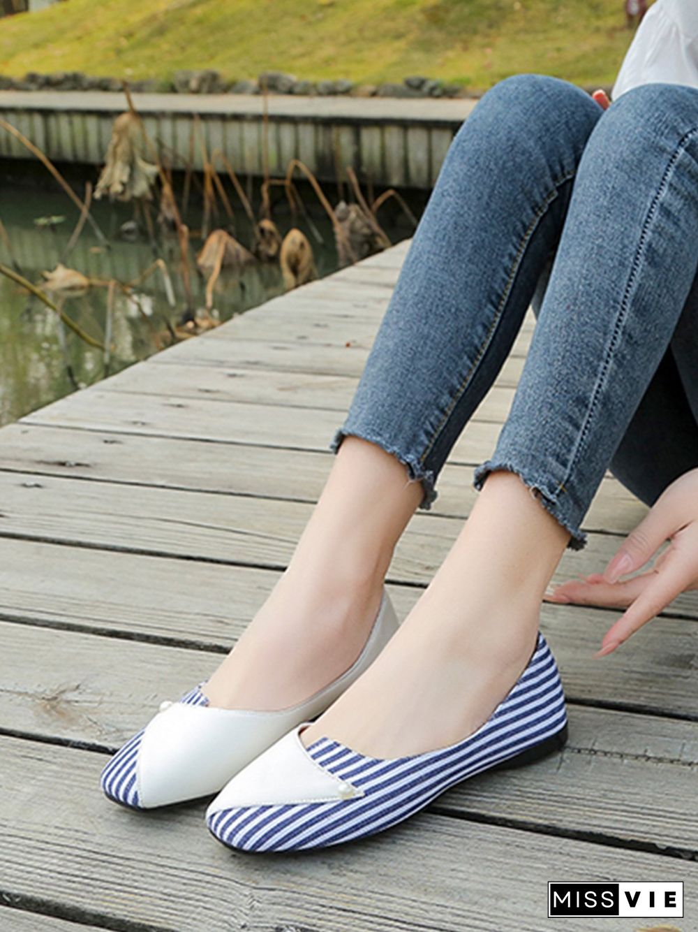 Women Striped All Season Urban Split Joint PU Pu Slip On Standard Shallow Shoes Flats