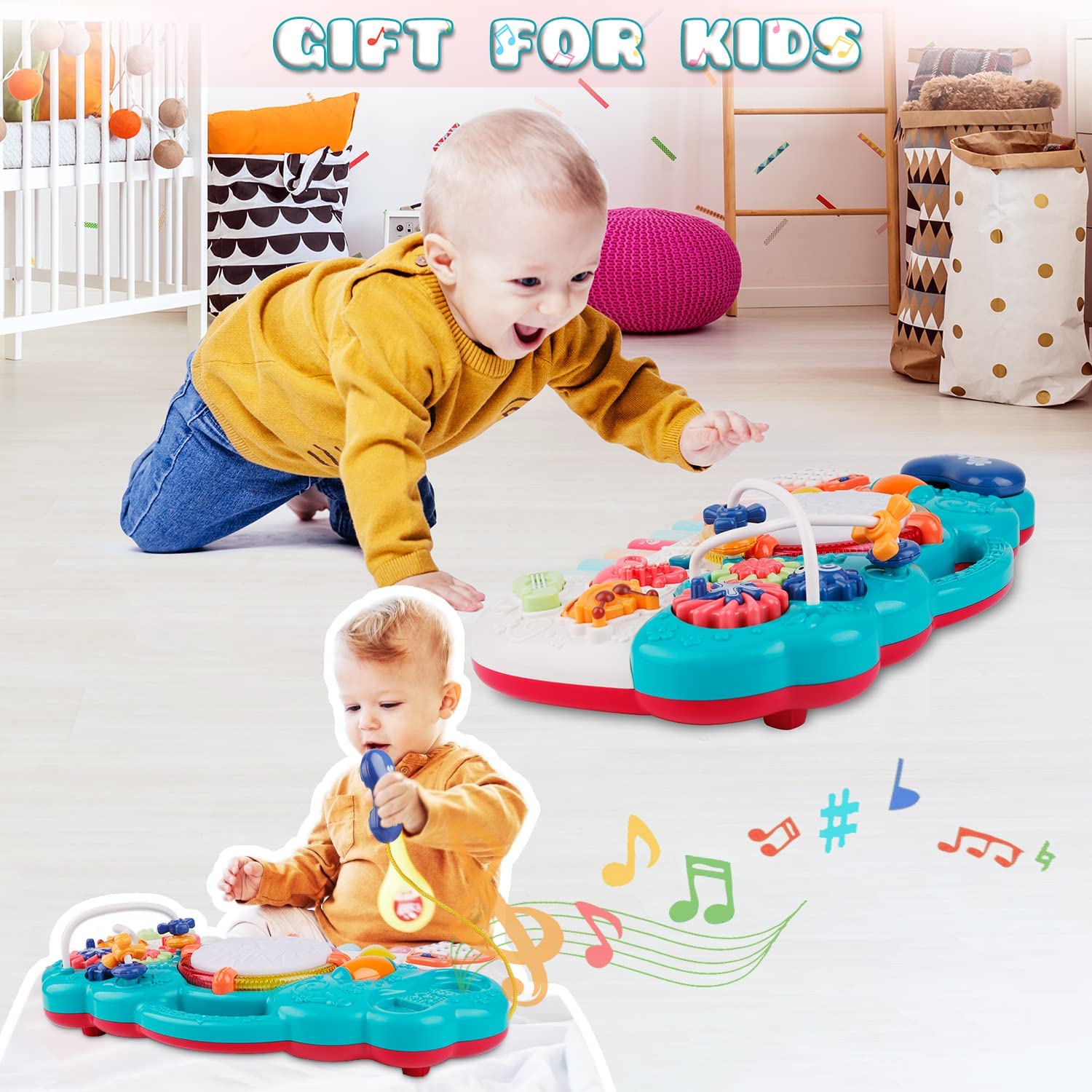 Musical Toys for Toddlers 1-3 ， 6 in 1 Multifunction Baby Musical Toys Piano Drum Set Bead Maze Gear Kids Phone Toys Electronic Learning Toys for Baby Infant Toddler Birthday Gifts for Kids