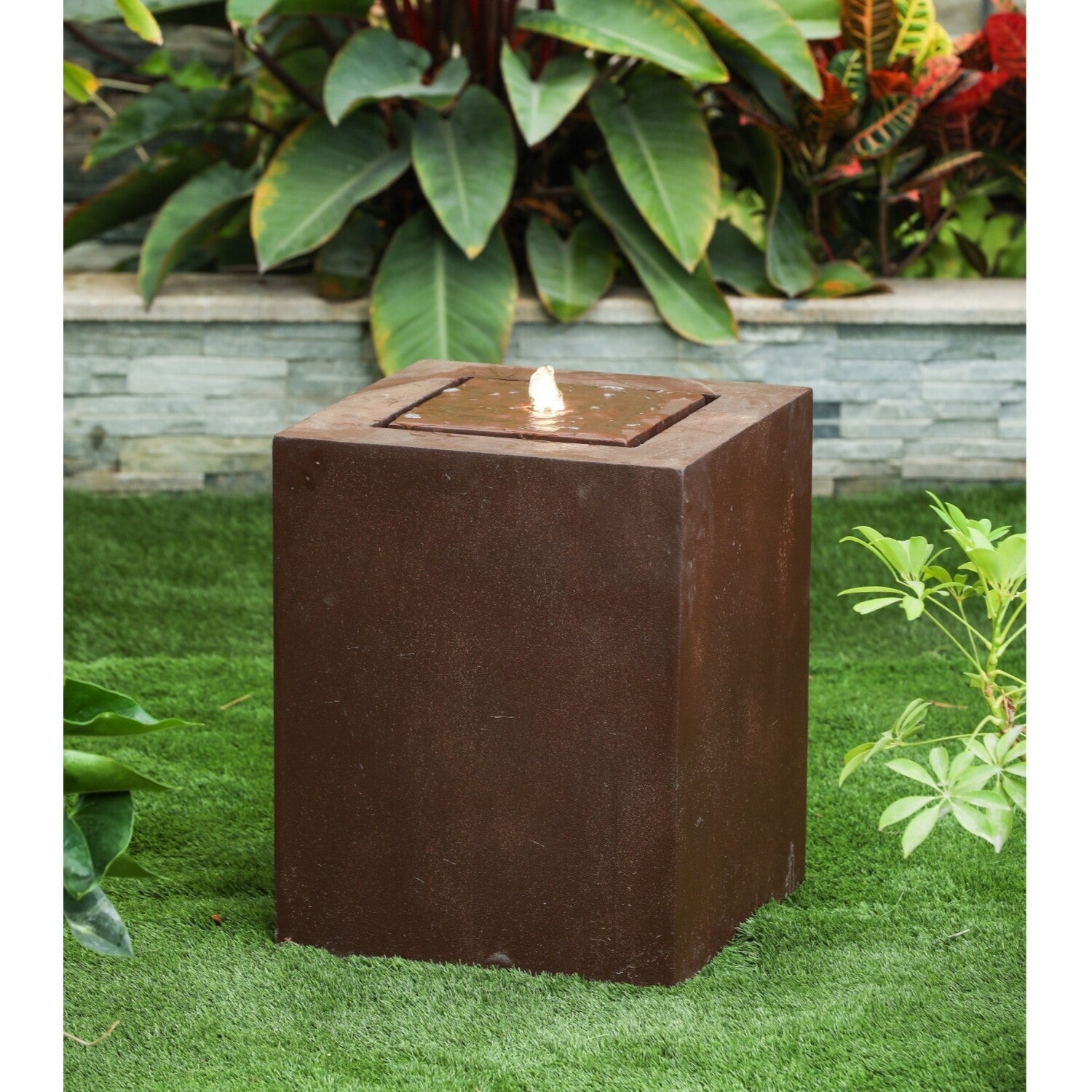 Aged Bronze Square 20in. H Fountain with LED Light