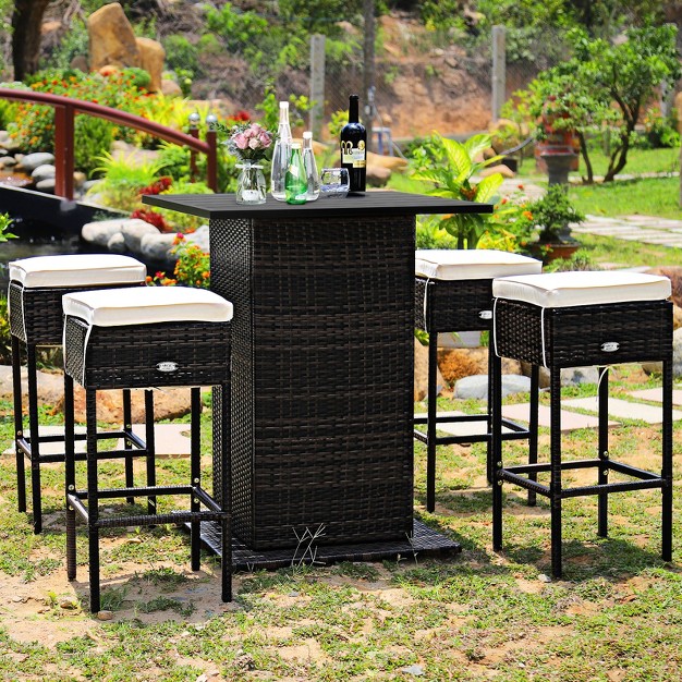 Tangkula 5 Pcs Patio Rattan Dinning Set Conversation Set All Weather Wicker Bar Table Stool Set W hidden Storage Shelf amp Cushions