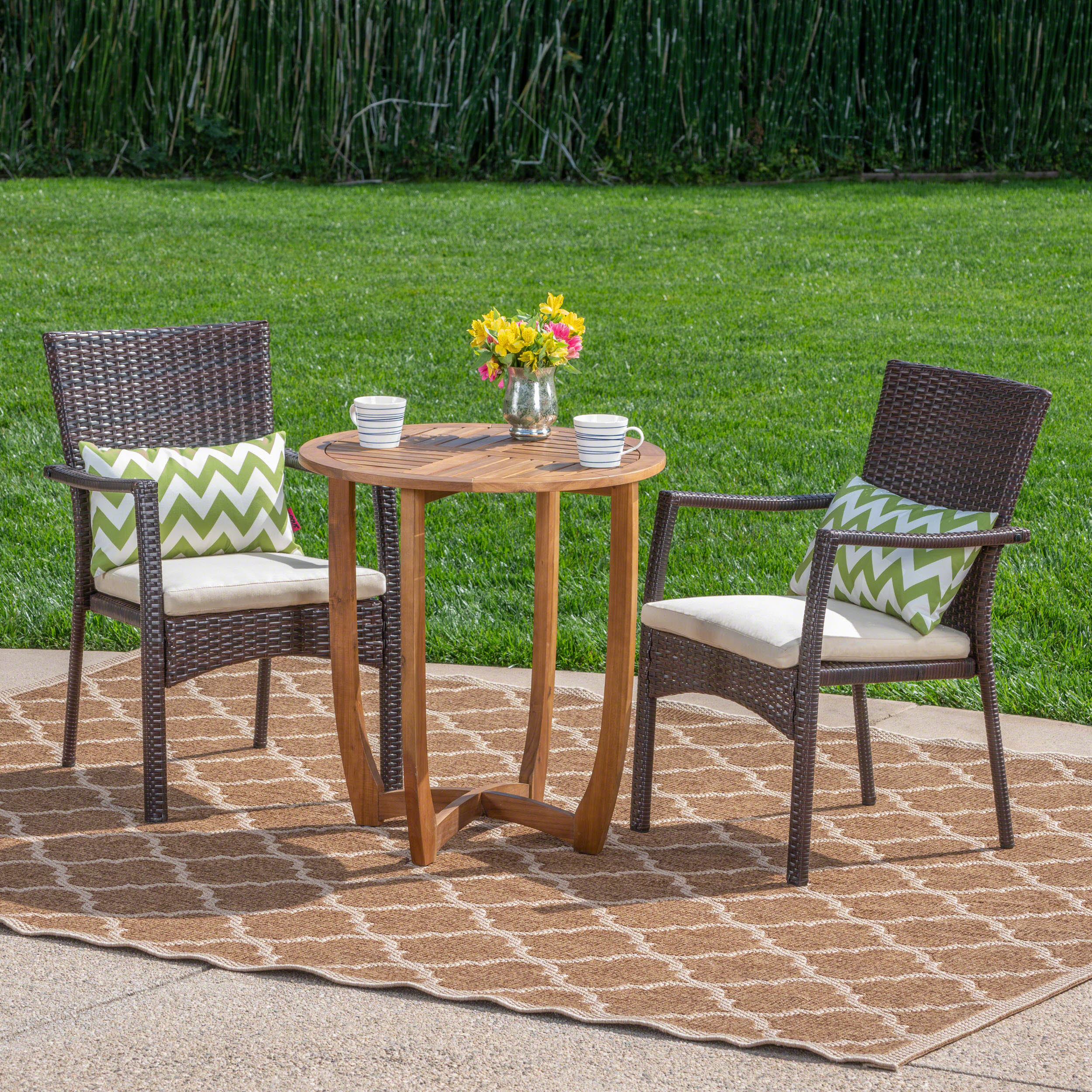 Leyam Outdoor 3 Piece Acacia Wood/ Wicker Bistro Set with Cushions, Teak Finish and Brown with Crème