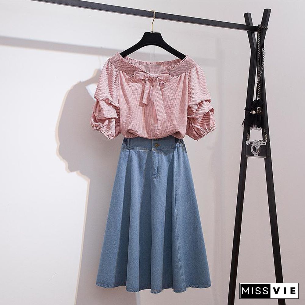 Cute Off Shoulder Blouse+Denim Skirt P11160