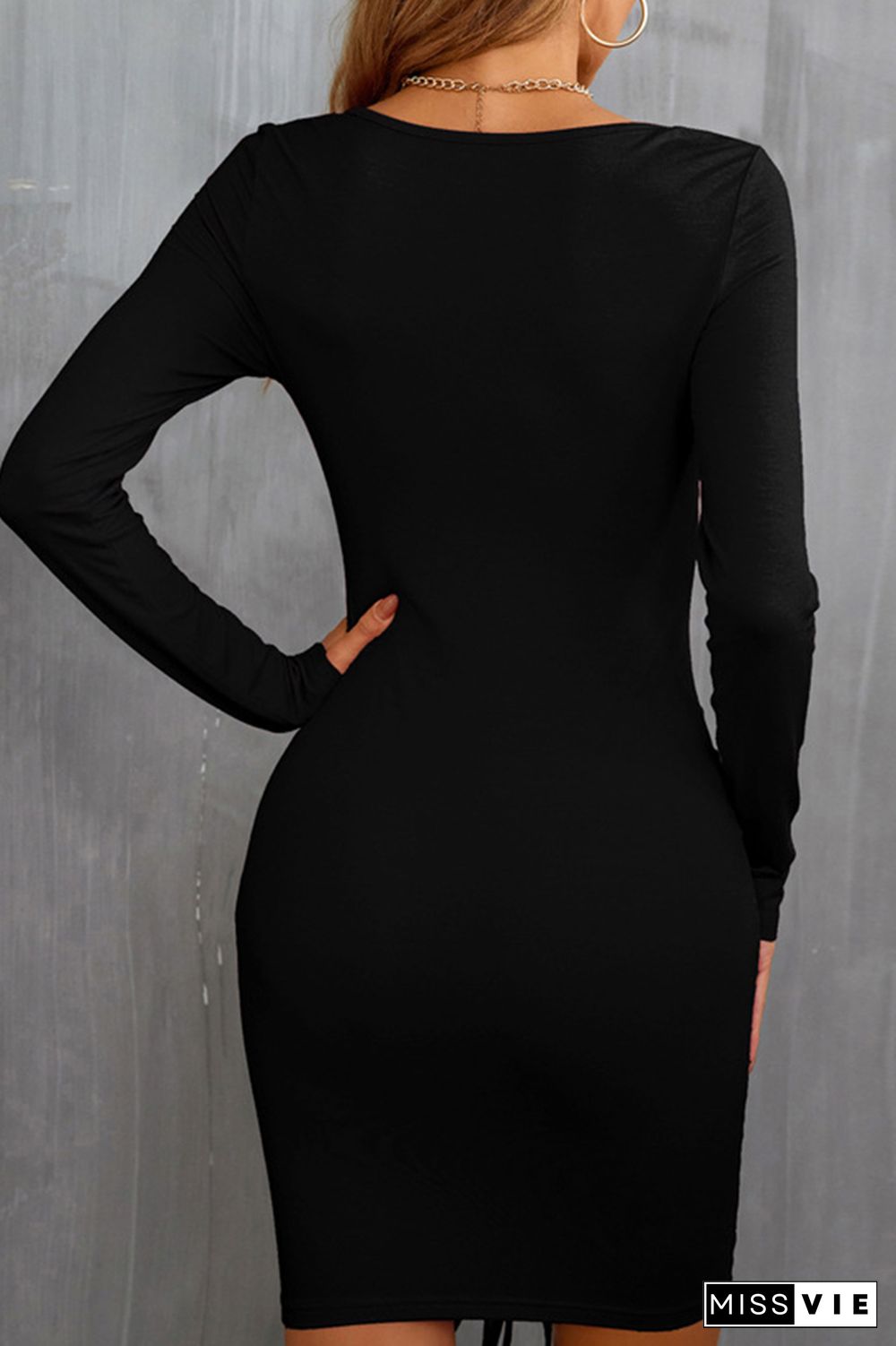 V Neck Ruched Long Sleeves Bodycon Dress