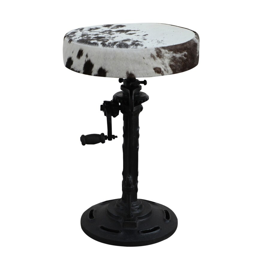 RAM Metal Crank Bar Stool with Black and White Cowhide Seat