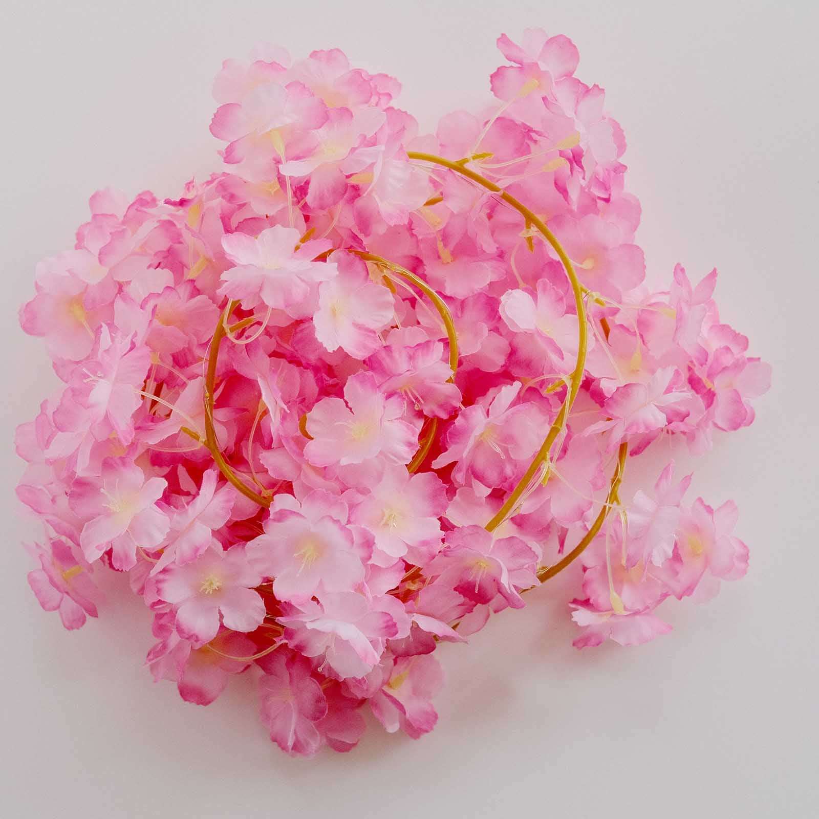 Pink Artificial Cherry Blossom Garland LED Fairy Lights, Warm White 20 LEDs Battery Operated Hanging String Lights - 6ft