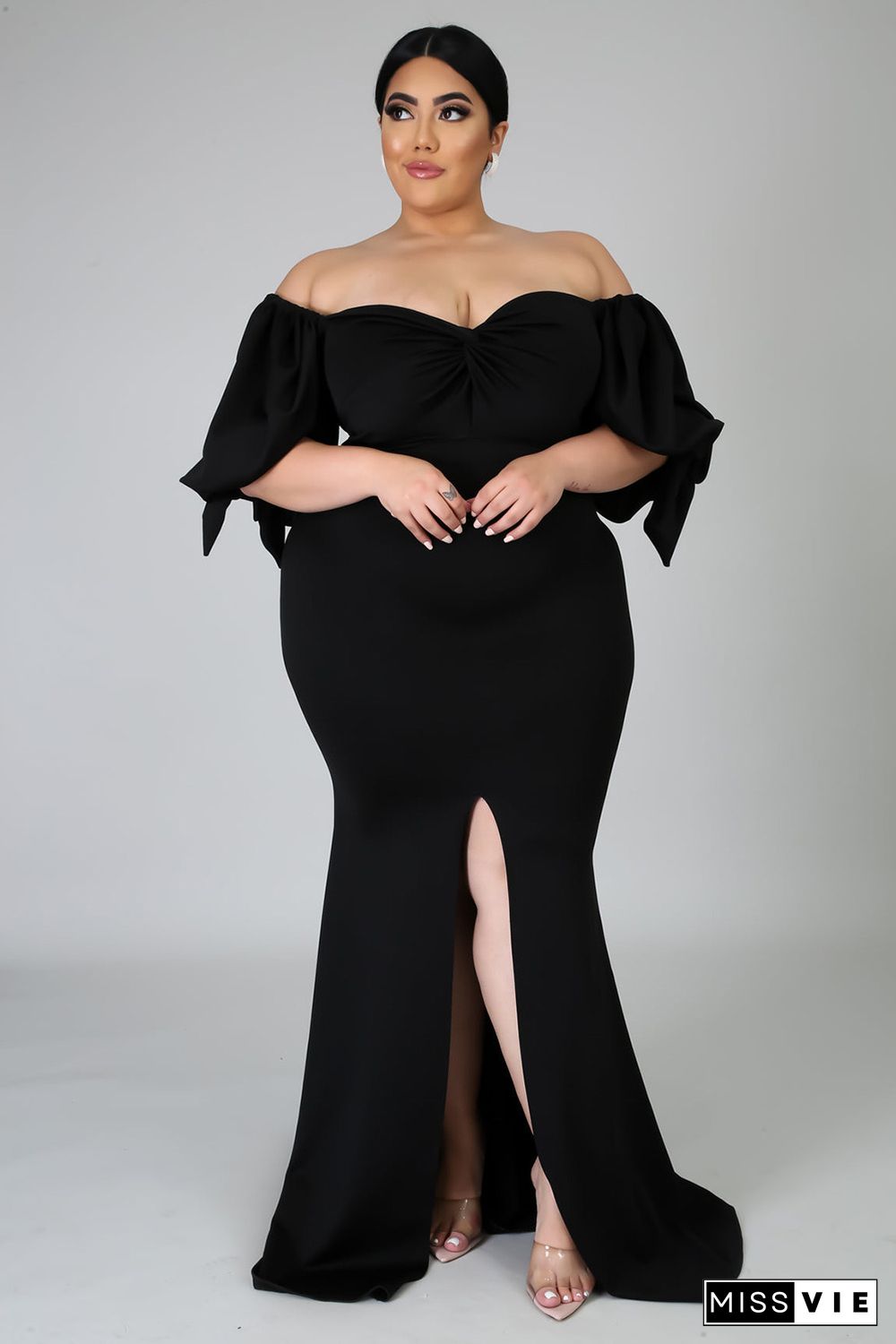 Black Bow Tie Puff Sleeve Plus Size High Slit Maxi Dress