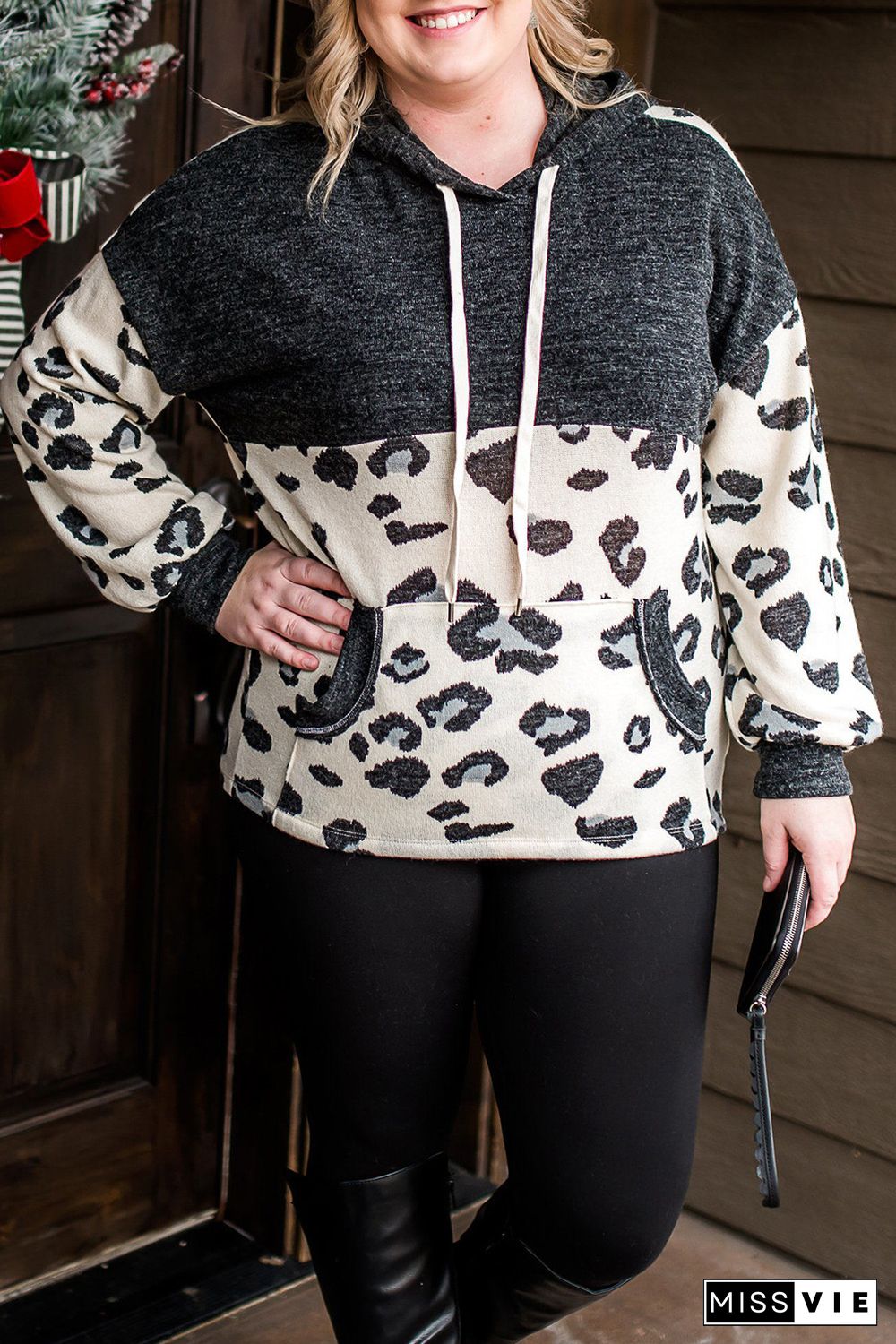 Leopard Colorblock Pockets Plus Size Hoodie