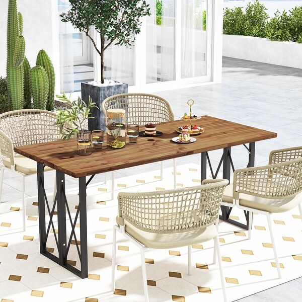 67 Inch Patio Rectangle Acacia Wood Dining Table with Umbrella Hole