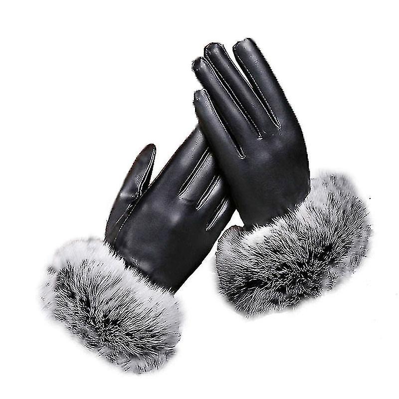 Women Outdoor Gloves Pu Leather Plush Windproof Full Finger Touches Screen Mittens Autumn Winter