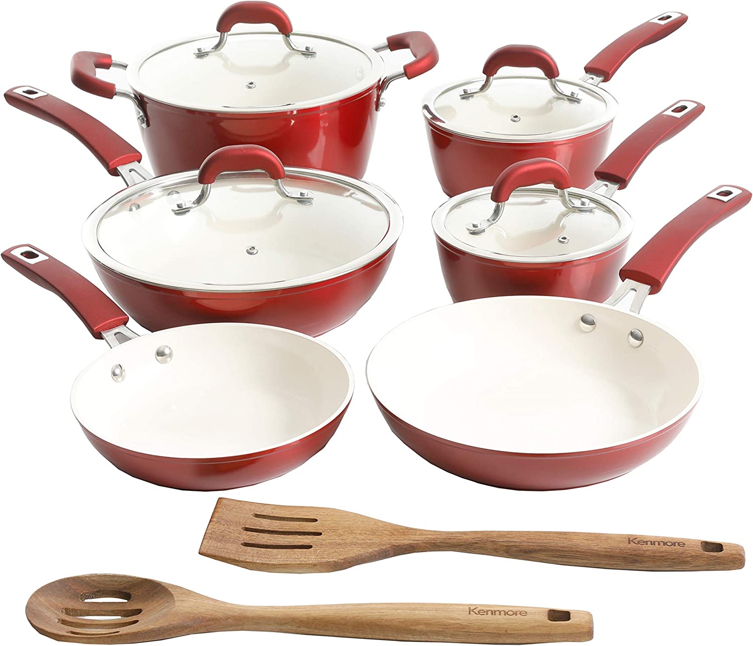 Kenmore Arlington Healthy Nonstick Ceramic Coated Forged Aluminum Induction Cookware， 12-Piece， Metallic Red